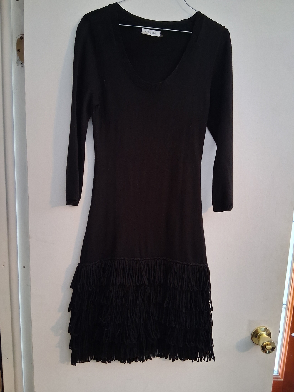Calvin Klein Black Long-Sleeve Scoop Neck Fringe Hem Dress